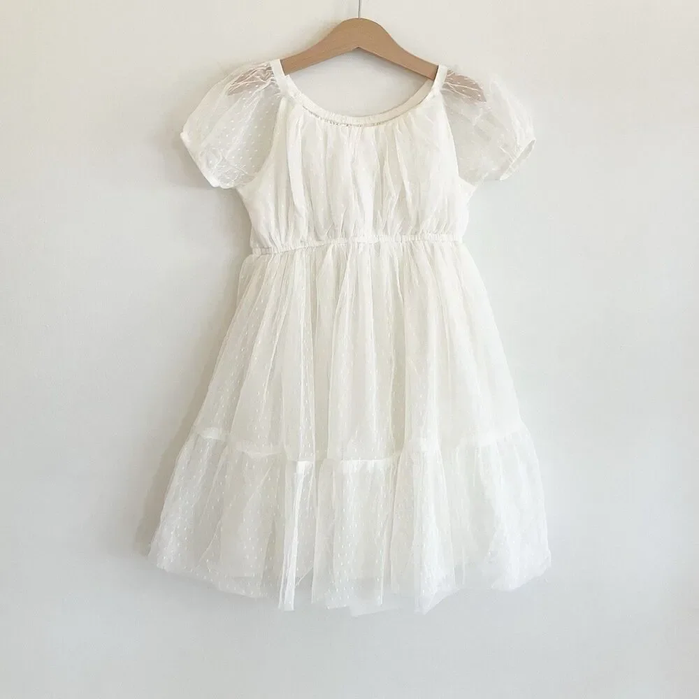 OshKosh Bgosh Puff Short Sleeve Mesh Dress Girls Sz 6 White Polka Dot Layered